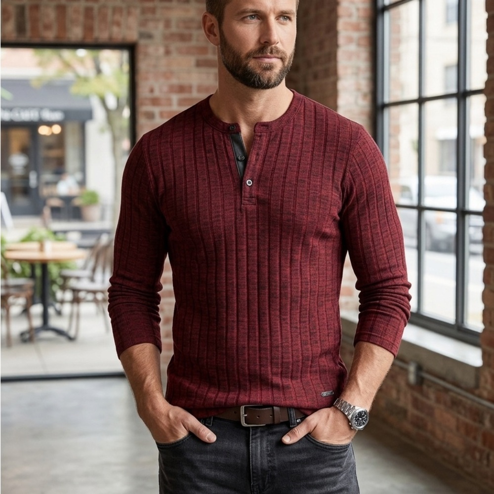 Guess Men's Burgundy Ribbed Henley Crewneck Sweater